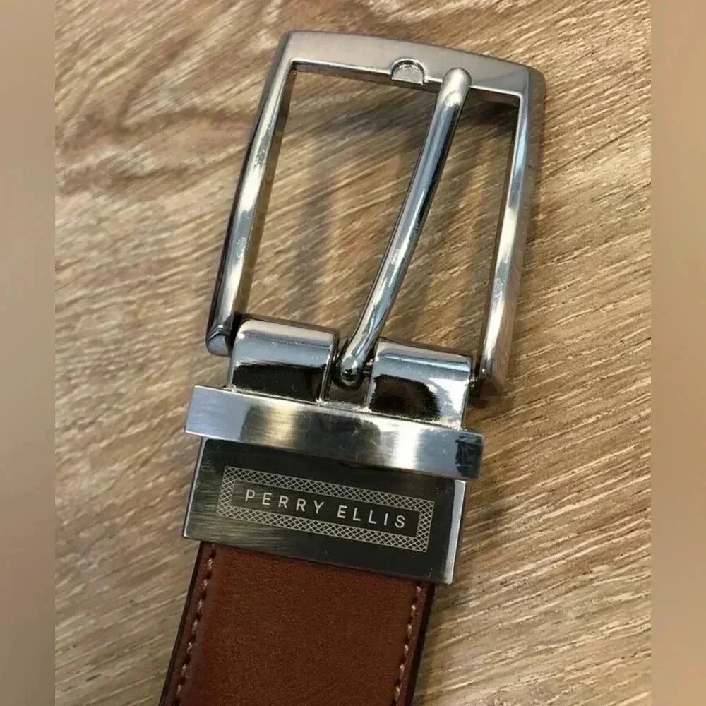 Perry Ellis Men’s Black Brown Reversible Belt Silver Tone Buckle Size 38 NWT